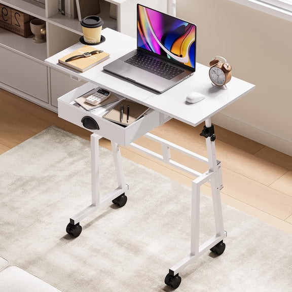 Height Adjustable Standing Desk with Storage Drawer, White | Rolling Desk for Treadmill Walking Pad, Small Sit-Stand Desk with Lockable Wheels, Height Range 31.5"-43.3", Stable Design