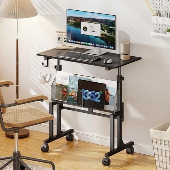 Height Adjustable Standing Desk With Storage, Small Stand Up Desk With wheels, Portable Rolling Desk for Home Office, Mobile Sit Stand Desk for Small Spaces, For Walking Pad Treadmill, Black$$Office