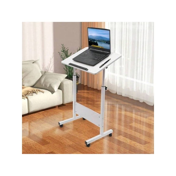 Height Adjustable Standing Desk With Swivel Wheels, 32-47 Inch Mobile Tilt Table For Study & Office, 24x16 Inch White MDF Workstation With Brakes