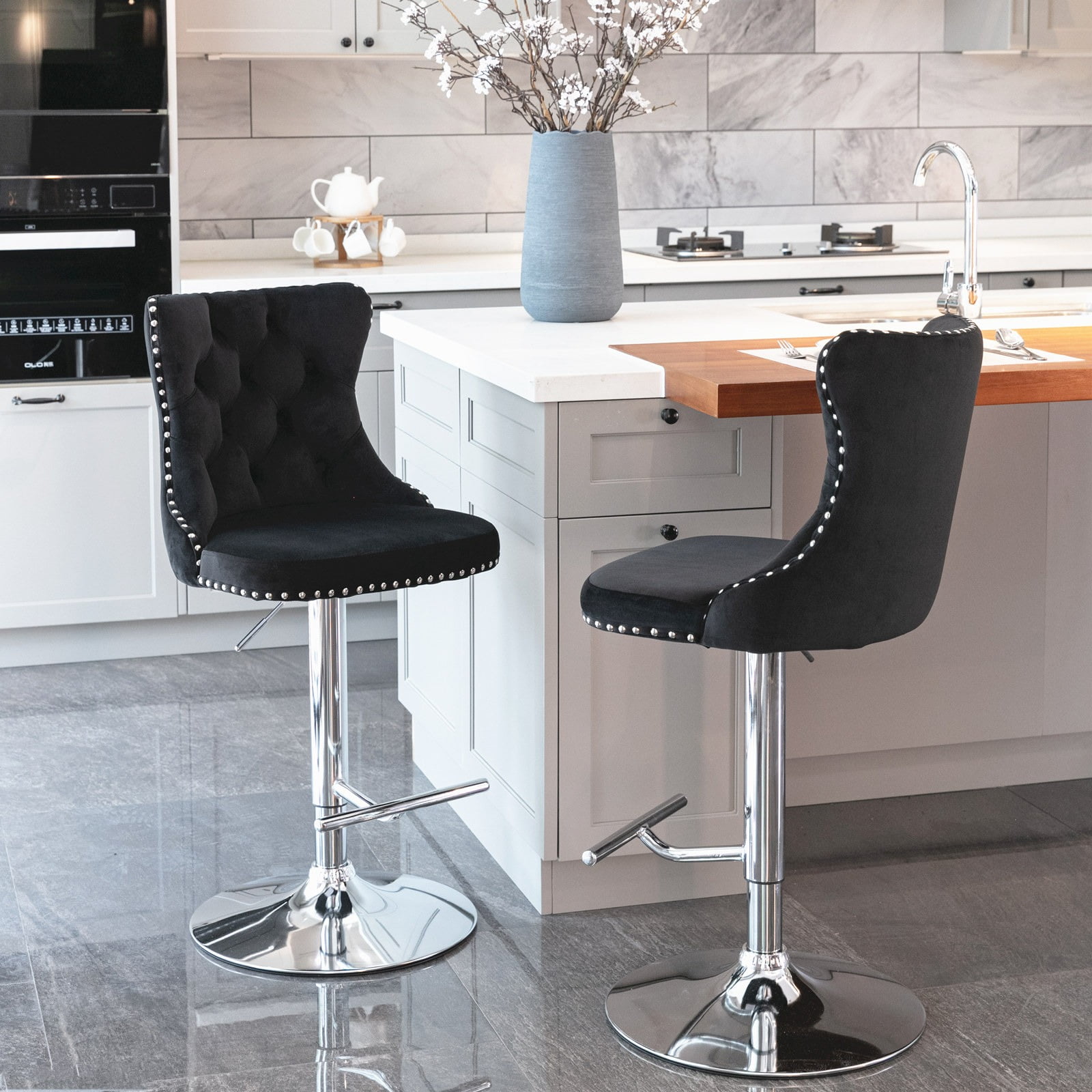 Height Adjustable Swivel Bar Stools Set of 2, Velvet High Back Counter ...