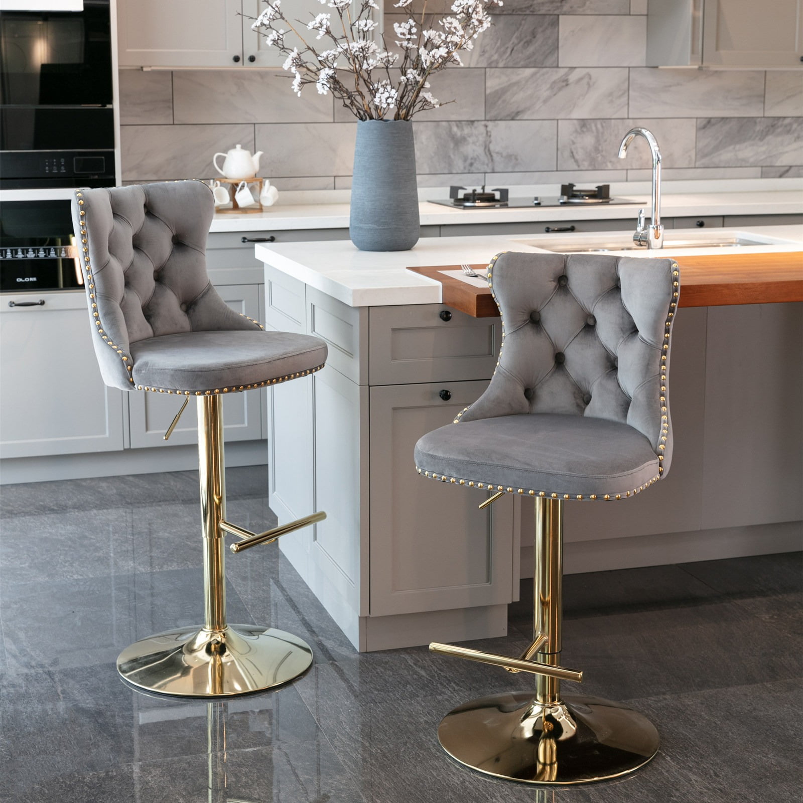 Height Adjustable Swivel Bar Stools Set of 2 Velvet High Back Counter Stools with Button Tufted Back and Silver Footrest Bar Chairs for Kitchen Island Coffee Shop Dining Room Gray Gold