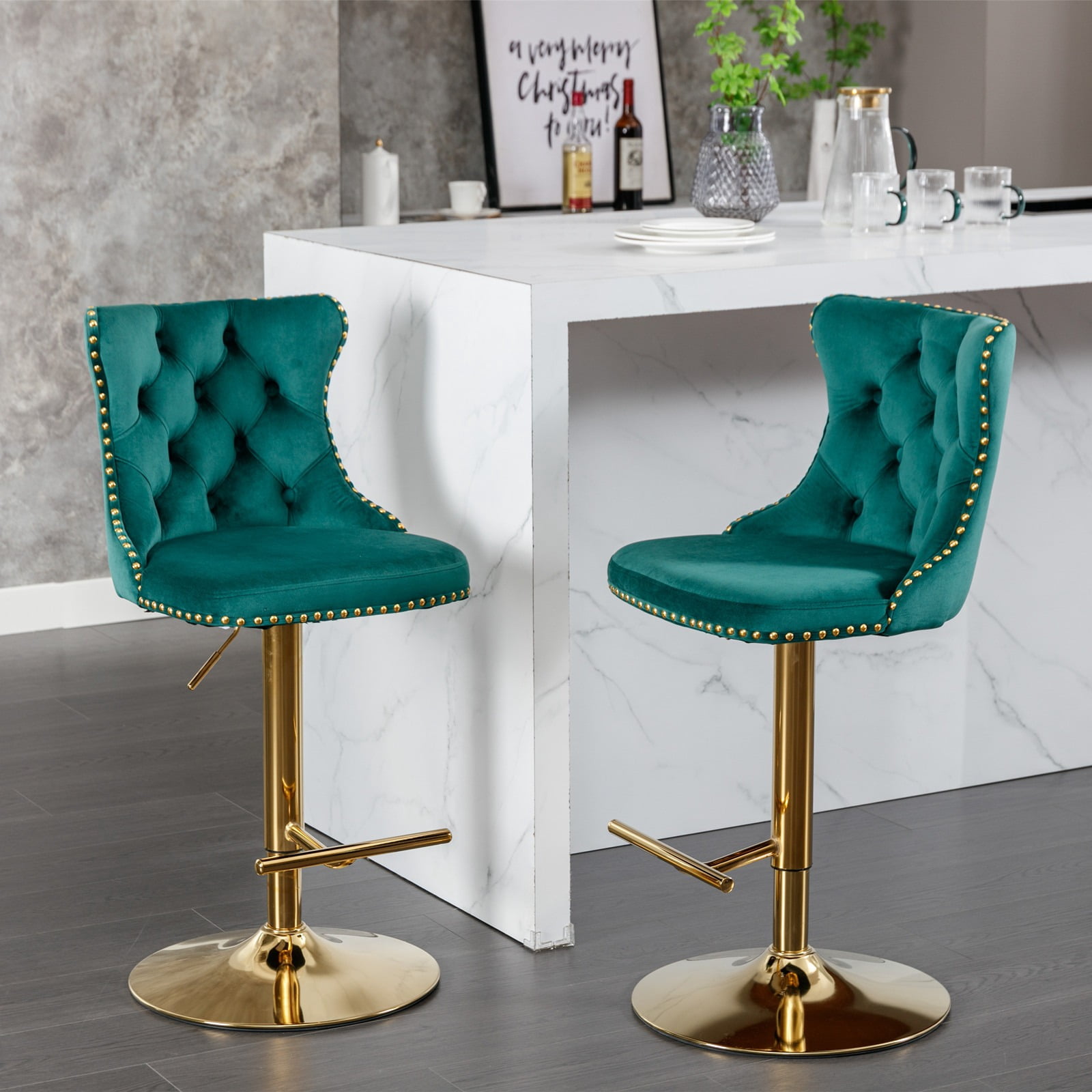 Button Back Stools Height Adjustable Swivel Bar Stools Set of 2, Velvet High Back Counter ...