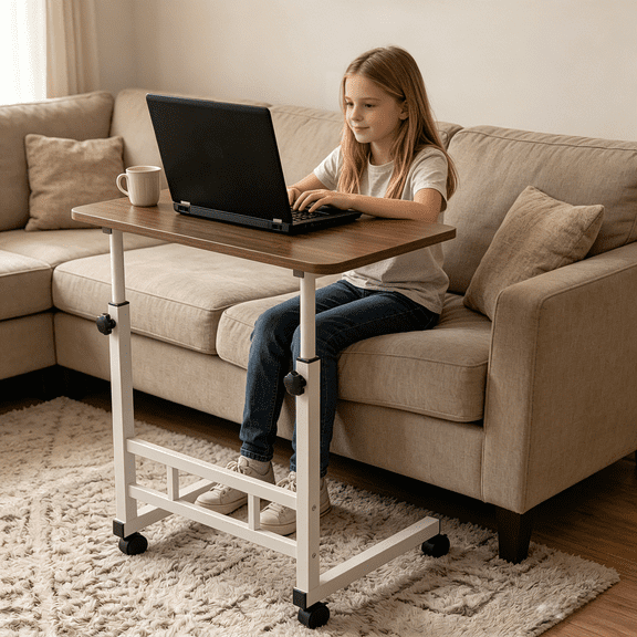 Height-Adjustable Table with Wheels Standing Desk Crafting Workstation, Mobile Computer Desk with Universal Wheels, for Home Office, Sofa, Small Space