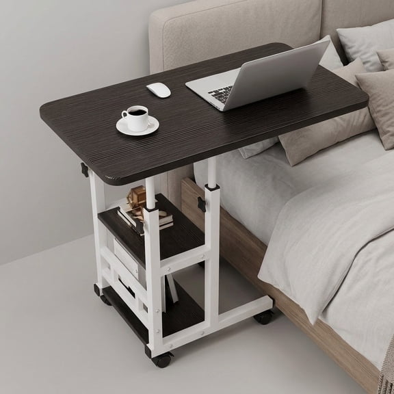 Height-Adjustable Table with Wheels And Storage Shelf Standing Desk Crafting Workstation, Integrated Shelving Mobile Computer Desk with Universal Wheels, for Home Office, Sofa, Small Space