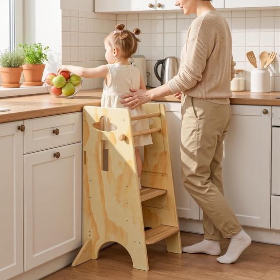 Height Adjustable Toddler Standing Tower(NO Wide Back Panel) - Super Stable Kids Kitchen Stool Helper with 4 Support Blocks - 3 Levels Adjustable Wooden Kitchen Stool (All Natural)