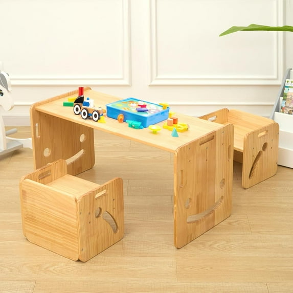 Height Adjustable Toddler Table and Chair Set for Age 1-3, Quality Solid Wood Montessori Weaning Table and 2 Chairs, Kids Table and Chairs for Reading/Eating/Playing, CPC Certified (3pcs Set)