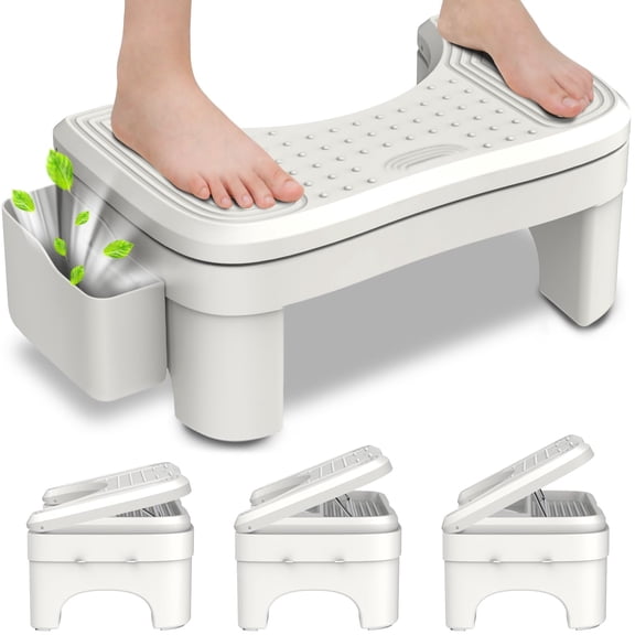 Height Adjustable Toilet Stool for Adults, Portable Non-Slip Squat Foot Stool for Bathroom, Toilet Footstool with Storage Box, White