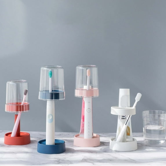 Height Adjustable Toothbrush Holder with Cup, Bathroom Organizer for Toothpaste and Toothbrushes, White Plastic Countertop Stand with Cover, Space-Saving Design, Holds Regular or Electric Brushes