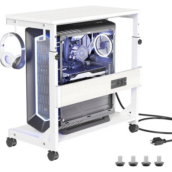 Height Adjustable Tower Stand with Charge Station and USB Port, 2-Tier ATX-Case Cart, Under Desk Mobile PC Stand, CPU Holder Cart with Locking Caster Wheels for Fits PC