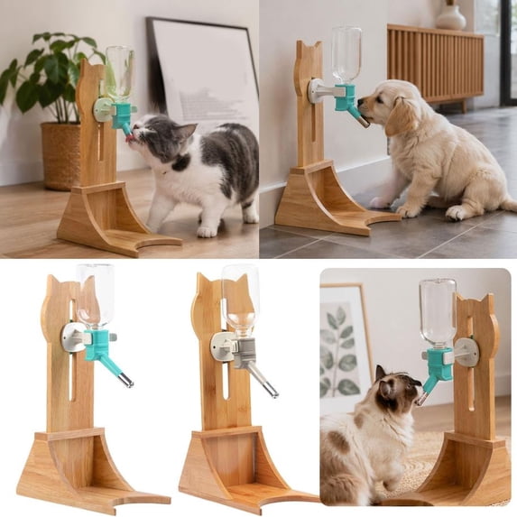 Height Adjustable Wooden Pet Water Bottle Stand, No Stainless Steel Cat Dog Water Feeder, Freestanding Elevated Dispenser for Small Dogs Cats Rabbits Indoor Kennel