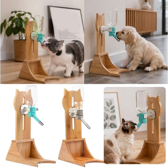 Height Adjustable Wooden Pet Water Bottle Stand, No Stainless Steel Cat Dog Water Feeder, Freestanding Elevated Dispenser for Small Dogs Cats Rabbits Indoor Kennel