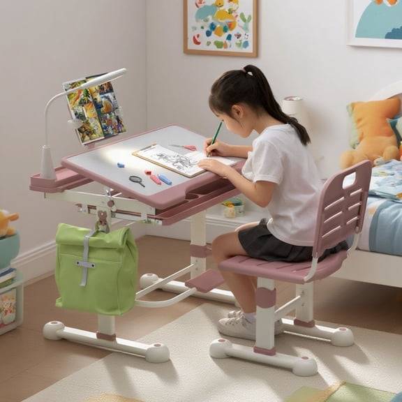 Height Adjustable Writing Tables, Desk and Chair Set, Desk with Tilt Desktop & Writing Board & Pen Slot & 3 Mode LED Light & Storage Drawer & Hook & Book Stand with Desktop for Boys and Girls(Pink)