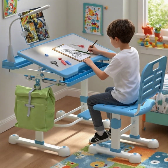 Height Adjustable Kids Desk and Chair Set, Tilt Desktop Writing Table with LED Light Storage Drawer, Study Desk for Boys and Girls, Blue