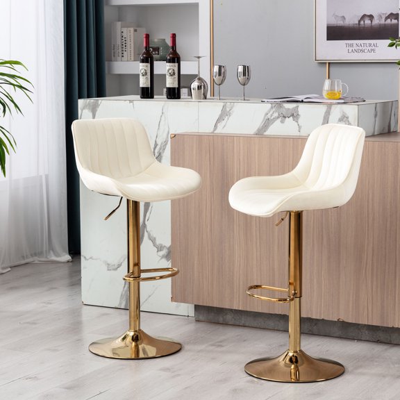 Height - Adjustable with Chrome Footrest / Ivory Velvet Bar Stools for Kitchen Islands