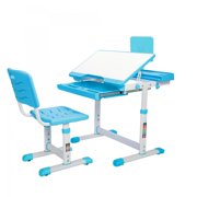 Height Adjusting Kid’s Desk and Chair Set Study Station with Tiltable Table-top, Corner Guard, Book Rack, Lamp Slot and Drawer