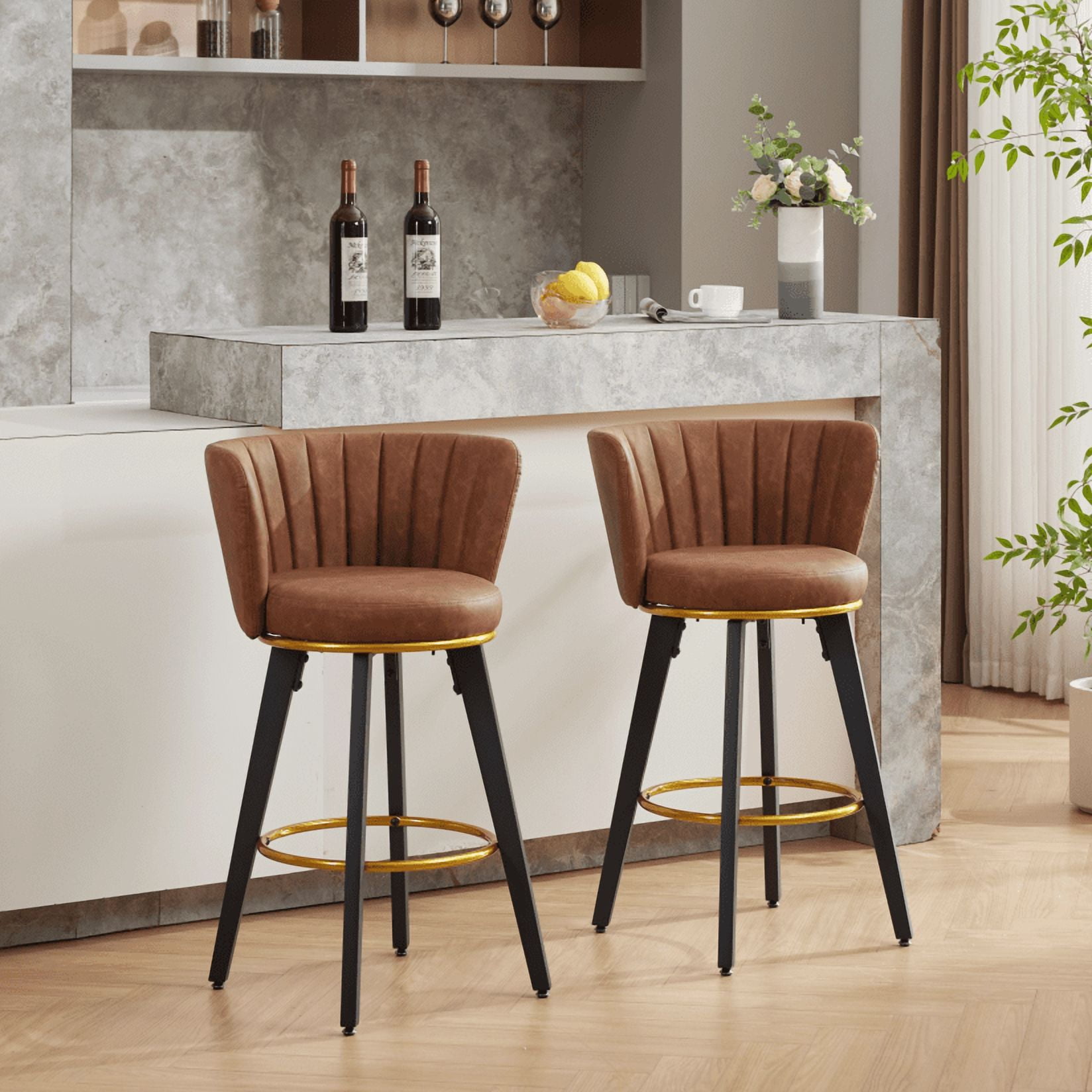 Set Of 2 Swivel Bar Stools - 30 Inch Height, Faux Leather Upholstery With Back & Footrest, Light Gray