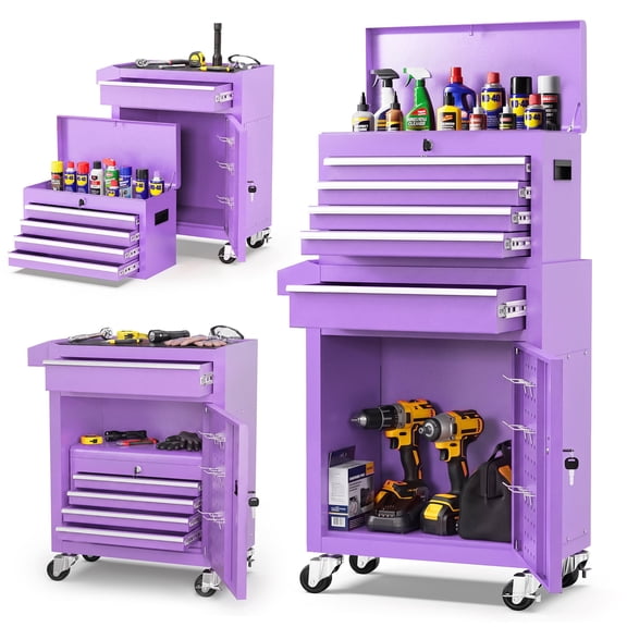 5-Drawer Tool Chest on Wheels, 2 In 1 Rolling Tool Storage Cabinet, Tool Organizer for Garage, Workshop, Warehouse & Repair Shop, Purple