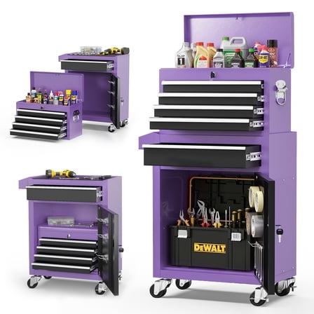 5-Drawer Tool Chest on Wheels, 2 In 1 Rolling Tool Storage Cabinet, Tool Organizer for Garage, Workshop, Warehouse & Repair Shop, Purple
