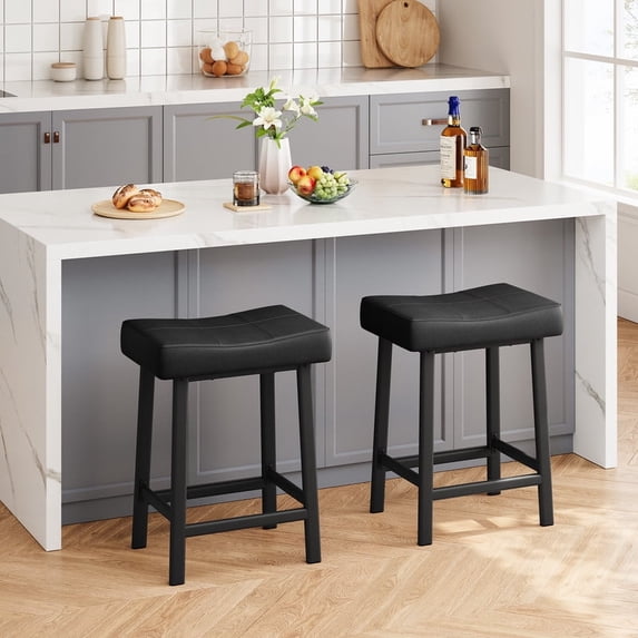 Height Black Bar Stools Set of 2 for Kitchen Counter Farmhouse Modern Barstools with Faux Leather Upholstered Backless Seat and Steel Legs 24 inch Bar Chairs