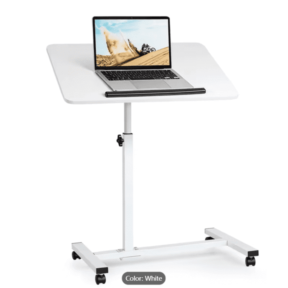 Height Portable Mobile Sit Stand Table, Adjustable Overbed Bedside Table, Rolling Laptop Tray Desk Cart, Tilting Hospital Bed with Wheels, White Bed Desk