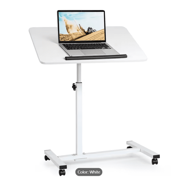 Height Portable Mobile Sit Stand Table, Adjustable Overbed Bedside Table, Rolling Laptop Tray Desk Cart, Tilting Hospital Bed with Wheels, White Bed Desk