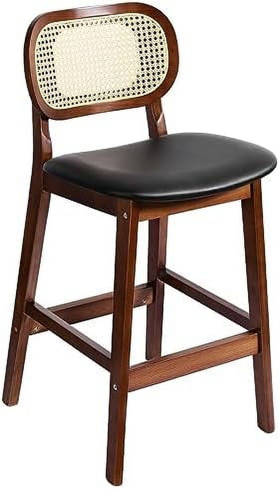 Height Stools Set of 2 Rattan Barstools with Back and Wood Frame Black