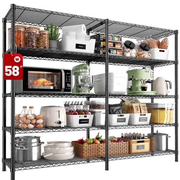 Height-adjustable 5-Tiers All Metal Frame 58"W x 13.8 "D x 59"H Storage Shelves Holds up to 1400 lb Maximum Load Weight Capacity, Black