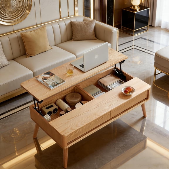 Height-adjustable center table / low table, 100% solid oak tabletop, office coffee table 100 x 60 x 45 cm, home office desk, easy to assemble,