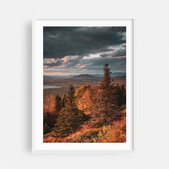 Height of Land Pines - Roxbury Maine Photography Autumn Landscape Nature Mountain Forest Scenic Sunset White Framed Wall Art Print 9 x 12 inches