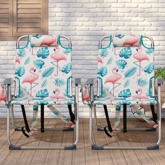 Heightened Oxford Cloth Beach Chair, Silver White Aluminum Tube, 220 lbs Capacity, Flamingo Pattern, 5-Position Adjustable Backrest, Storage Pouch & Cup Holder, for Picnic, Camping, Outdoor Sports