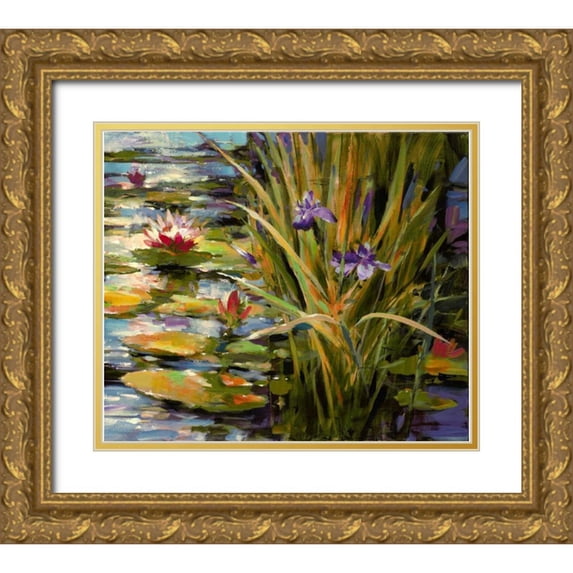 Heighton, Brent 23x20 Gold Ornate Wood Framed with Double Matting Museum Art Print Titled - Pond Iris