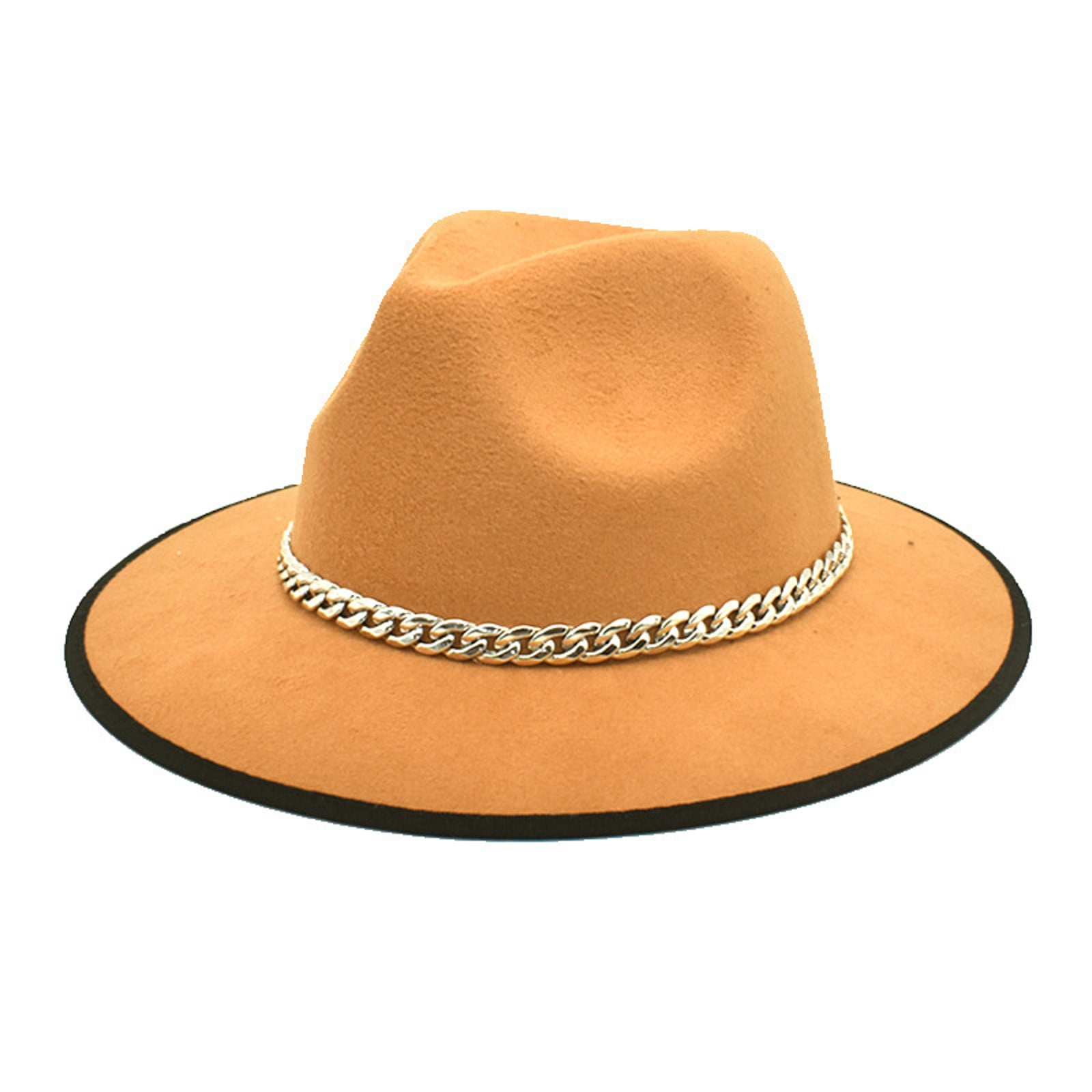 Heiheiup Autumn And Winter Big Brim Hat Fashion Flat Top Hat Mens And Womens Chain Woolen Woolen
