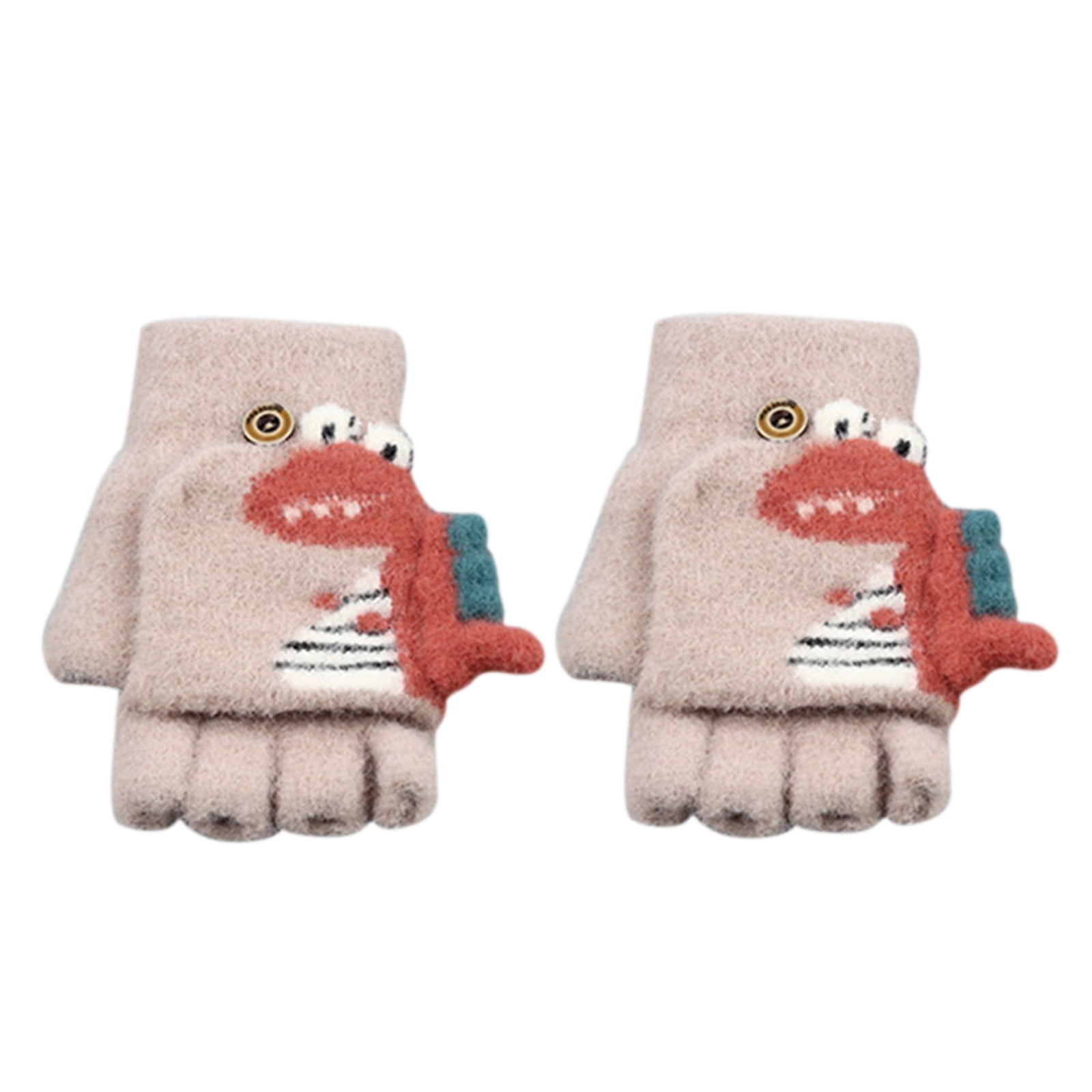 Heiheiup Cartoon Dinosaur Print Knitted Warm Convertible Flip Mittens Top Fingerless Children