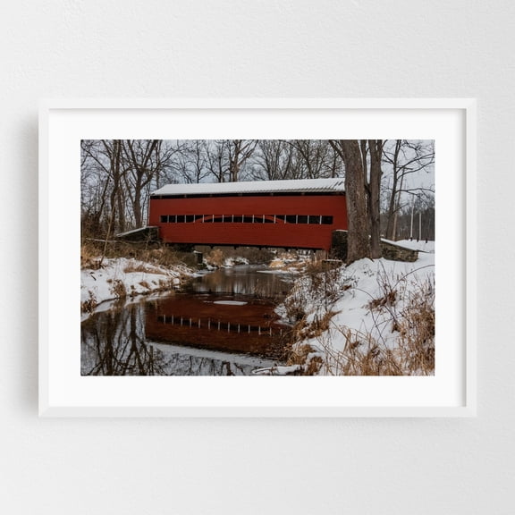 Heikes Covered Bridge Reflections - York Springs Pennsylvania Photography Bridge Winter Snow Rustic Scenic Landscape Rural White Framed Wall Art Print 5 x 7 inches