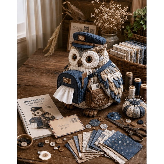 Heimiao Wise Owl Quilted Tissue Box DIY Sewing Kit - Premium Patchwork Fabric Craft for Reading Nooks and Cottagecore Decor - Witch Owl