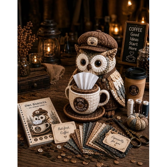 Heimiao Wise Owl Quilted Tissue Box DIY Sewing Kit - Premium Patchwork Fabric Craft for Reading Nooks and Cottagecore Decor - Witch Owl