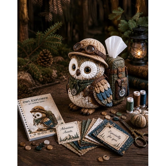 Heimiao Wise Owl Quilted Tissue Box DIY Sewing Kit - Premium Patchwork Fabric Craft for Reading Nooks and Cottagecore Decor - Witch Owl