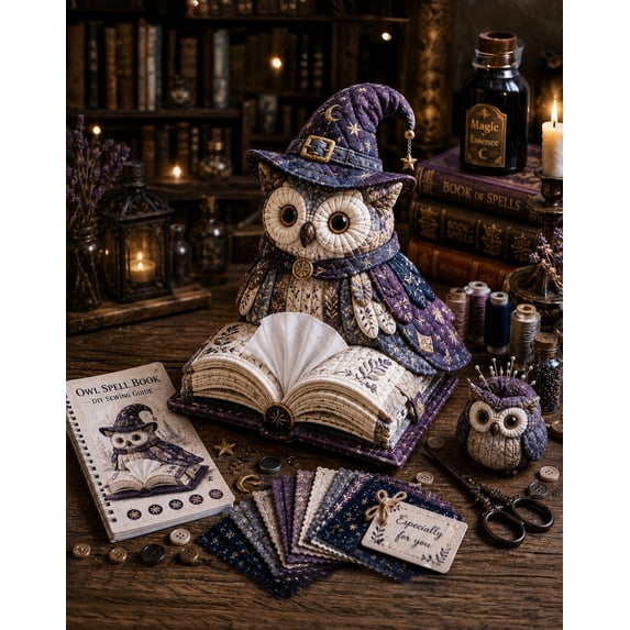 Heimiao Wise Owl Quilted Tissue Box DIY Sewing Kit - Premium Patchwork Fabric Craft for Reading Nooks and Cottagecore Decor - Witch Owl