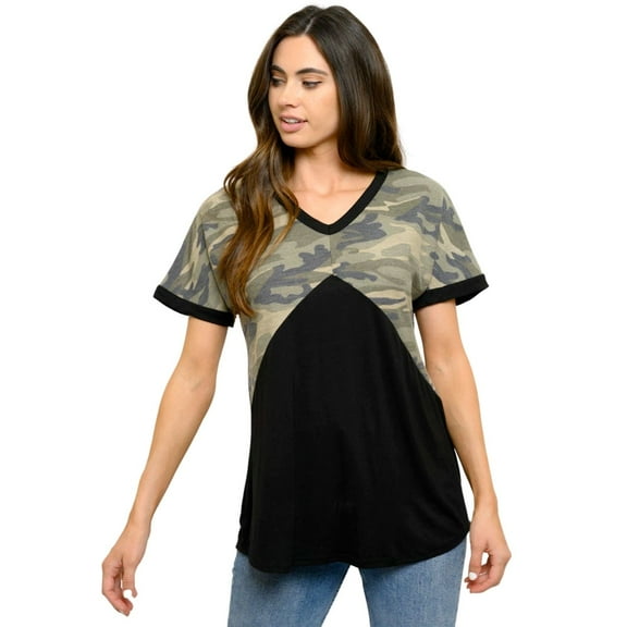 Heimish Womens Solid Camo Print Contrast Short Sleeve Top (L)
