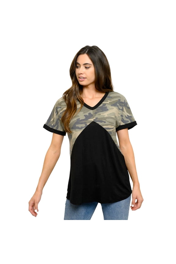 Womens Solid Camo Print Contrast Short Sleeve Top (S)