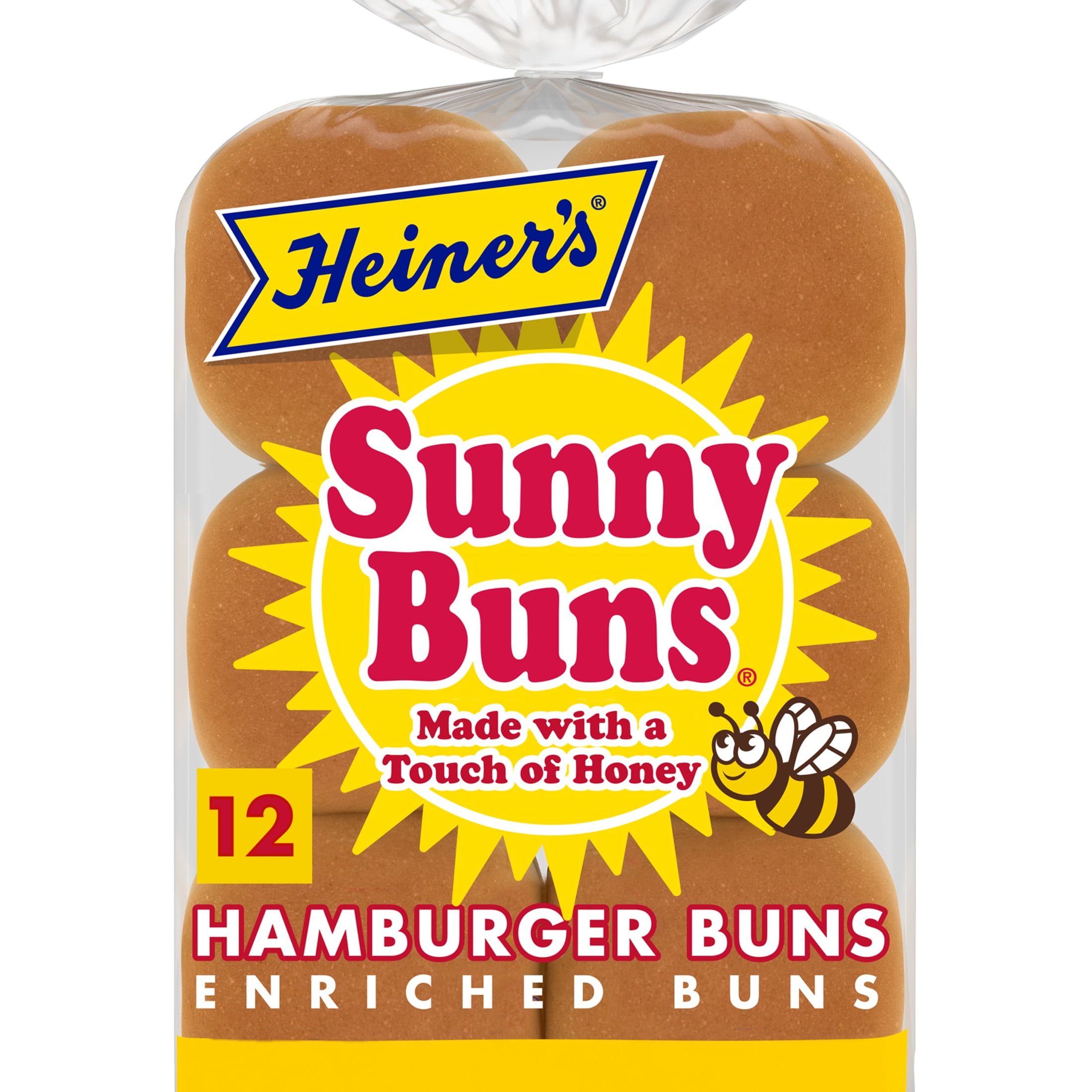 Heiner's Sunny Buns Sweet Enriched Hamburger Buns, 12 Count, White Hamburger Buns, 23 oz Bag