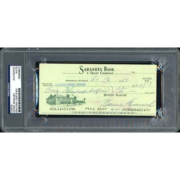 Heinie Manush Autographed Check Detroit Tigers PSA/DNA 99220