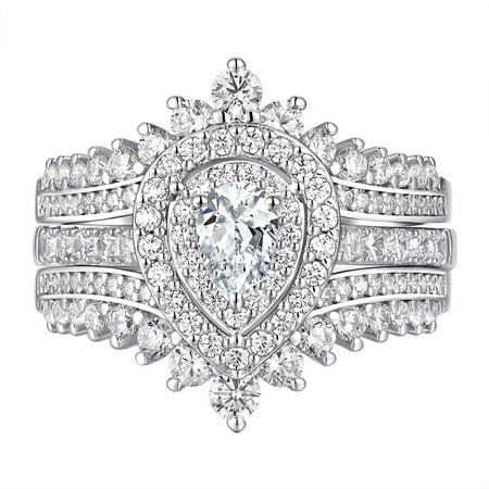 Newshe Jewellery 3 Ct Moissanite Wedding Rings Set Pear Cut Engagement Rings for her Bridal Ring Enhancer Size 7