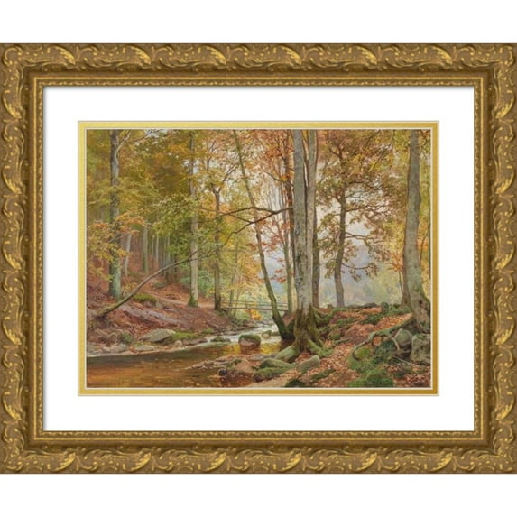 Heinrich Böhmer 14x12 Gold Ornate Wood Frame and Double Matted Museum Art Print Titled - Autumn Woodland with Bridge Over a Stream