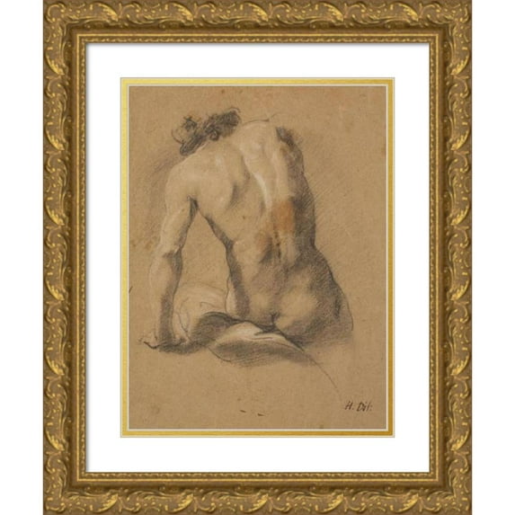 Heinrich Dittmers 12x14 Gold Ornate Wood Frame and Double Matted Museum Art Print Titled - Seated Male Model, Seen from the Back (1625 - 1677)