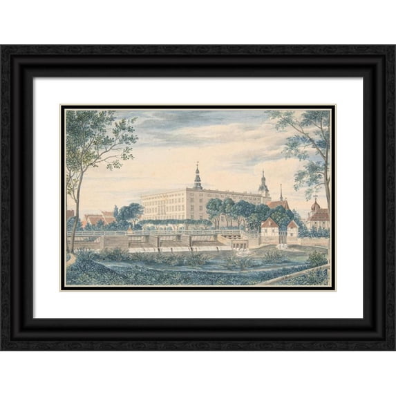 Heinrich Olivier 18x13 Black Ornate Wood Framed Double Matted Museum Art Print Titled - View of the Dessau Castle from the East (1820)