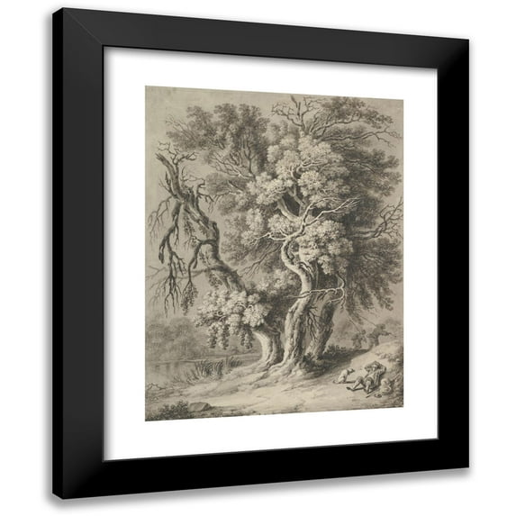 Heinrich Theodor Wehle 19x24 Black Modern Framed Museum Art Print Titled - Riverscape with Hikers and a Dog (Late 18th-Early 19th Century)