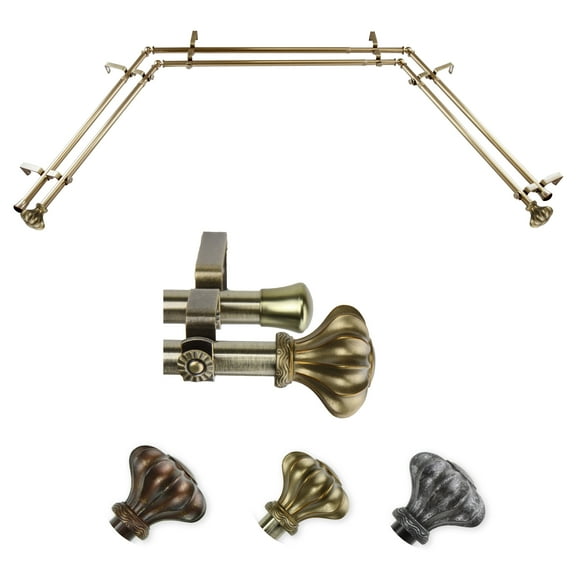 Heinz 13/16" Double Bay Window curtain rod Adjustable 20"-36", 38"-72" - Antique Brass,(ABay-03-4D)