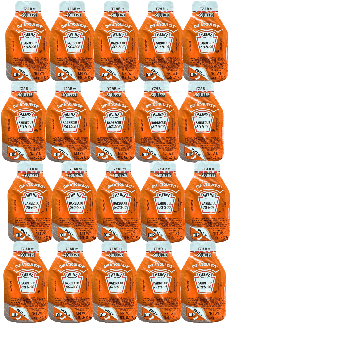Heinz BBQ Sauce Single Serve Dip and Squeeze Packets, 0.95 oz, Pack of 20, Kosher