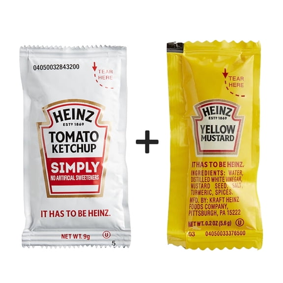Heinz Simply Tomato Ketchup + Yellow Mustard Single Serve Packets l Pack of 100